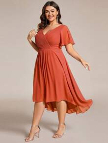 EVERPRETTY Elegant Plus Size Bridesmaid Mid-Length Dress, Deep V-Neck, Ruffle Sleeves, Chiffon Pleated Asymmetric Ruffle Design - Burnt Orange - View 3