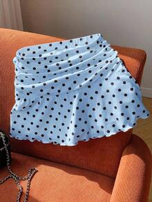 Minifalda acampanada fruncida con estampado de lunares para el verano - Celeste - Ver 1