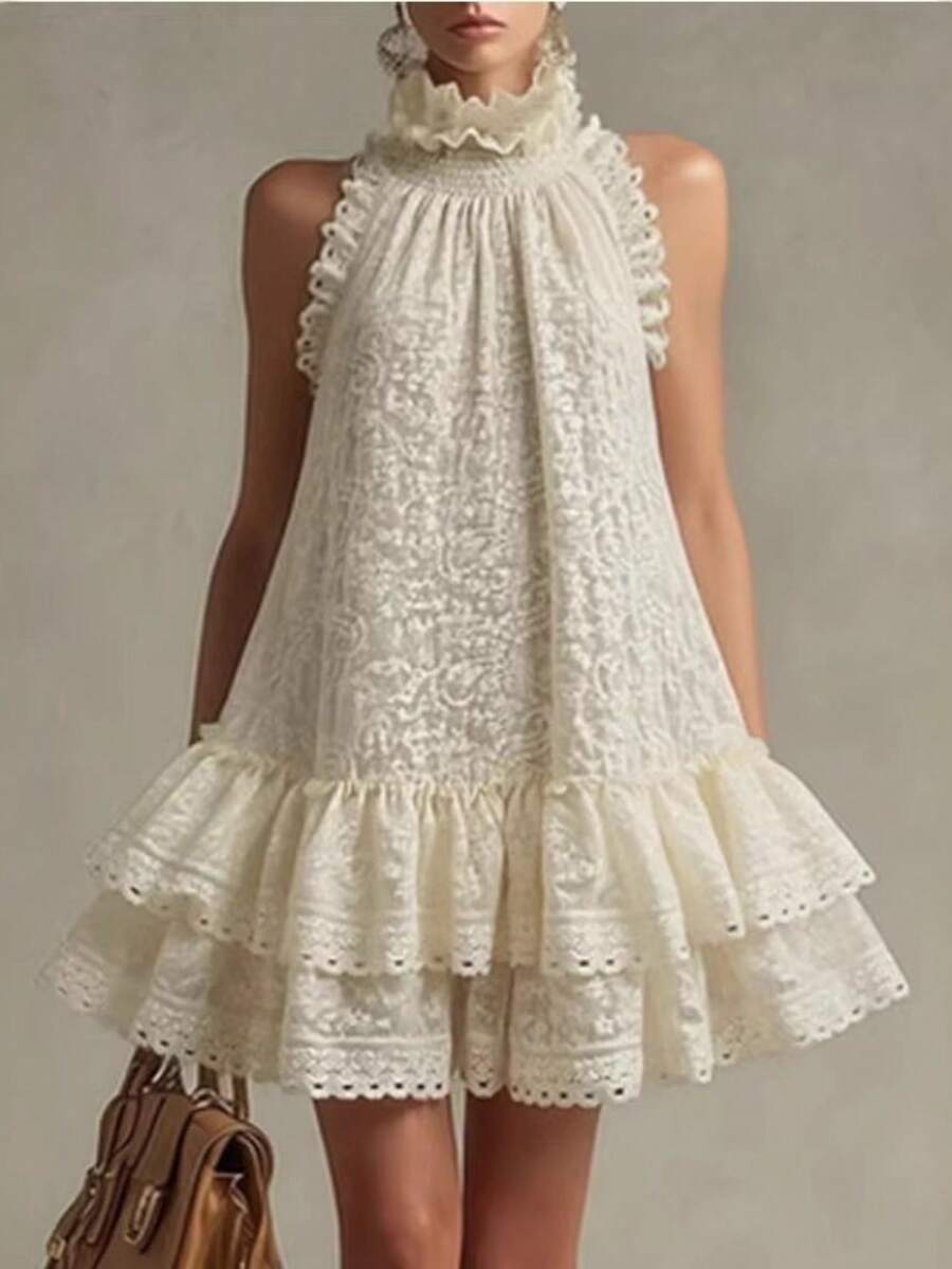 Vacaciones retro vestido de minifalda con encaje beige sin mangas y volantes - Blanco - Ver 1