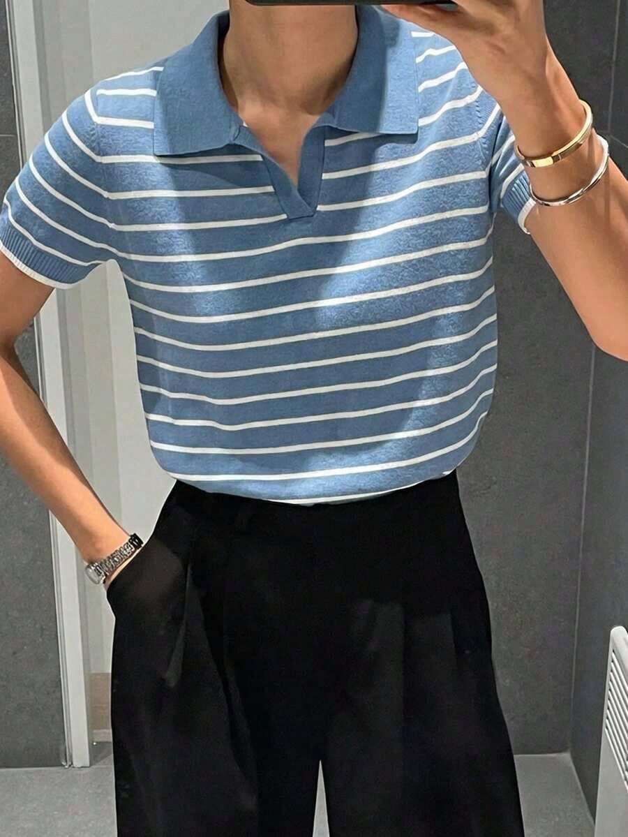 Suéter de mujer con cuello y mangas cortas a rayas para otoño - Azul - Ver 1