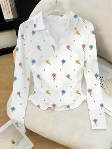 Camiseta blanca de manga larga para mujer con estampado de cerezas rojas dulces, cuello polo, cintura ajustada.Perfecta para el otoño.Nuevo estilo, camiseta de moda.Regalo para vacaciones, regalo para hermanos, regalo para hermana, regalo para mamá, regalo para el Día de la Madre.Informal, minimalista, top con estilo. - Blanco 4 - Ver 1