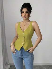 Camiseta sin mangas de un solo pecho de unicolor casual para mujer - Verde 4 - Ver 7