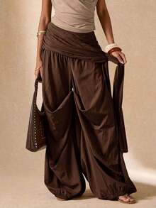 Pantalones sueltos y plisados de unicolor para uso diario de mujer - Café integral - Ver 7