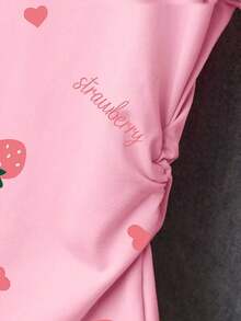 Camiseta ajustada de manga con volantes en degradado con estampado de corazón de fresa y letras, para uso casual, vacaciones y viajes, verano - Rosa 3 - Ver 4