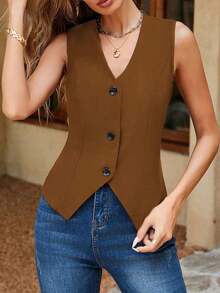 Chaleco sin mangas liso para mujer, top de tirantes minimalista de uso casual diario, negro de verano - Amarillo - Ver 4