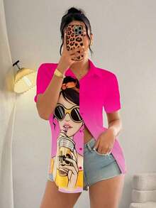 Blusa de mujer con estampado de chica de moda, manga corta y abotonadura, top de manga corta - Multicolor - Ver 6
