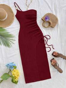 Vestido de mujer con textura de gofre tejido, diseño ajustado con abertura y cordón, adecuado para fiesta, cita, sexy, té de la tarde, playa, verano, festival de música, temporada de bodas - Burdeos 2 - Ver 1