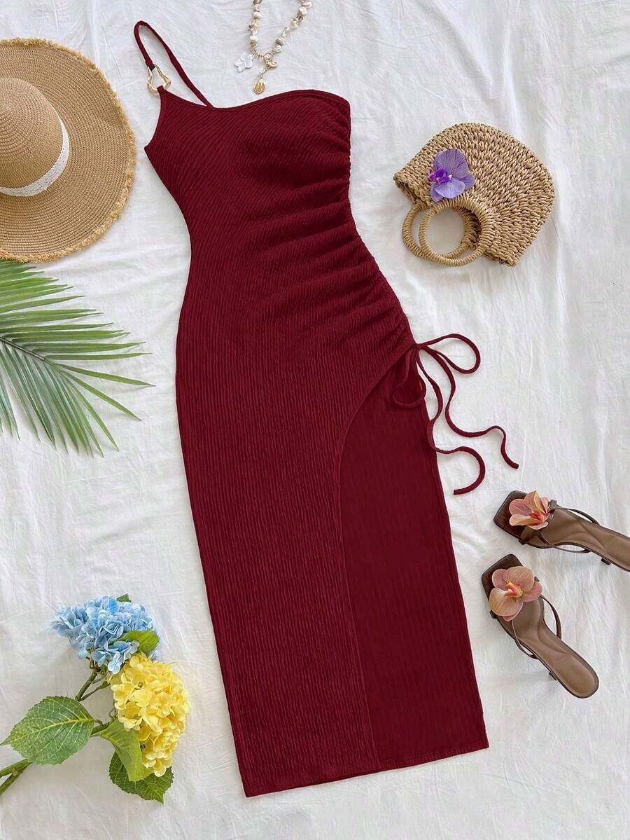 Vestido de mujer con textura de gofre tejido, diseño ajustado con abertura y cordón, adecuado para fiesta, cita, sexy, té de la tarde, playa, verano, festival de música, temporada de bodas - Burdeos 2 - Ver 1