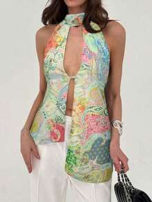 Top con cuello halter y espalda descubierta, asimétrico y sexy para mujer - Multicolor 3 - Ver 1