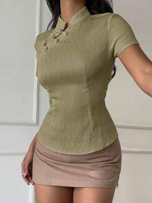Blusa de cuello Mao de manga corta con cintura ceñida, estilo chino nuevo en color albaricoque, nuevo diseño de primavera/verano para mujer - Verde Oliva - Ver 5