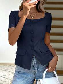 Camisa de unicolor sin mangas con cuello, top de estilo vintage retro para oficina - Azul marino - Ver 1
