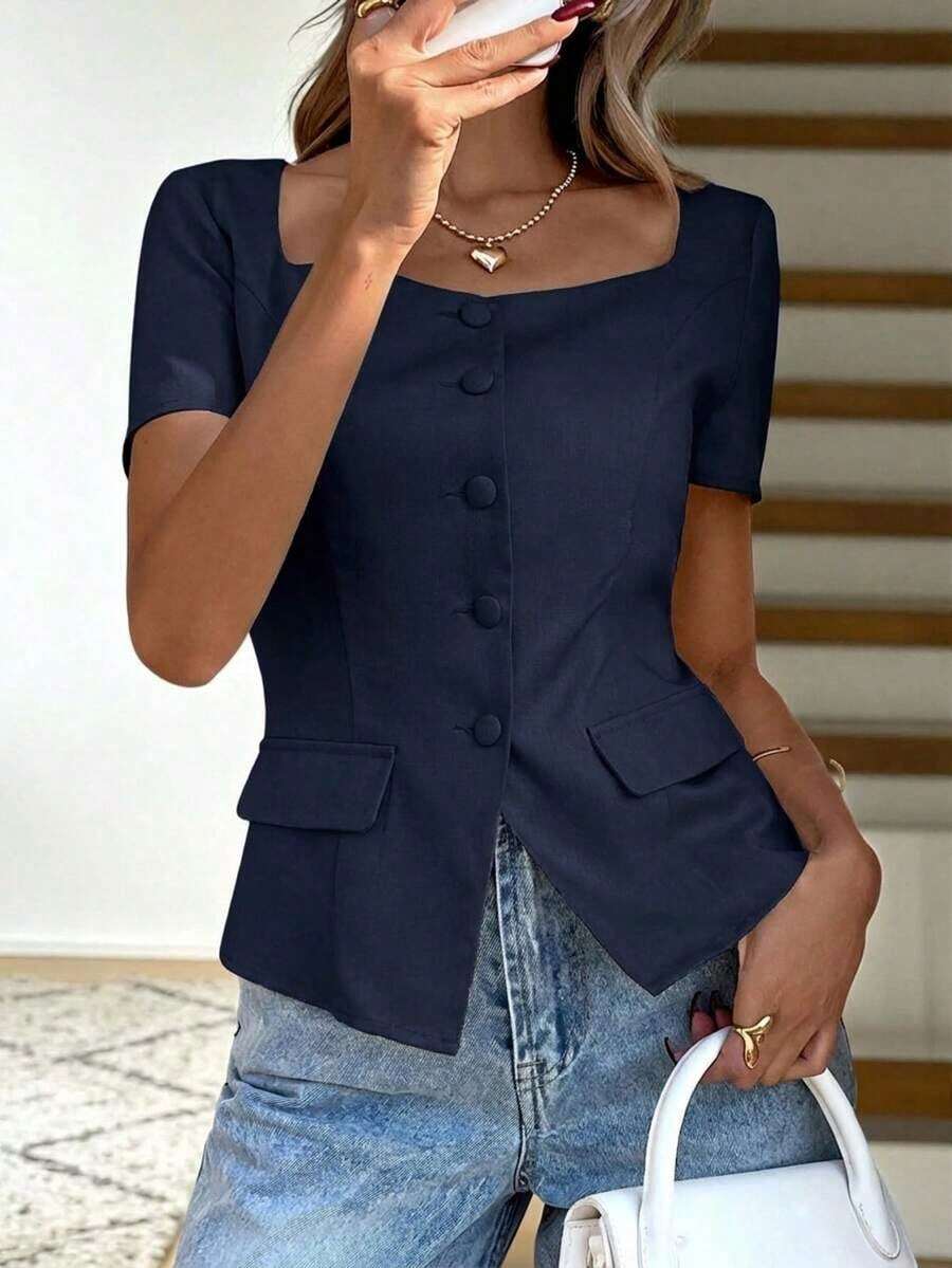 Camisa de unicolor sin mangas con cuello, top de estilo vintage retro para oficina - Azul marino - Ver 1