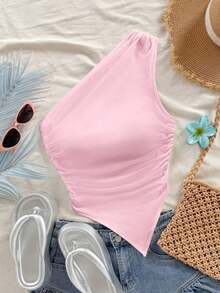 Blusa casual de unicolor con hombros oblicuos y ajustada, apropiada para el verano - Rosa - Ver 9