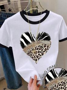 Camiseta casual de mujer con estampado de leopardo, patrón de corazón y bloqueo de color en cuello redondo - Blanco 4 - Ver 6