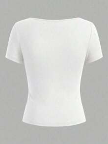 Blusa corta con cuello en V profundo y manga corta, estilo sexy Y2K para mujer, de tela elástica negra, adecuada para discoteca, fiesta, festival de música y estilo casual de calle en verano - Blanco - Ver 3
