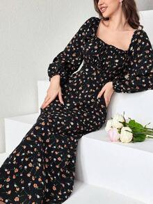 Vestido largo con cuello cuadrado, mangas farol y estampado floral para mujer - Negro - Ver 3
