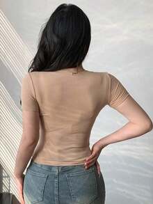 Camiseta de manga corta de unicolor casual para mujer, verano - Camel - Ver 3