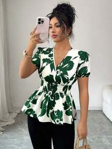 Blusa de mujer con cuello en V y manga corta con estampado de color contrastante - Verde Oscuro - Ver 3