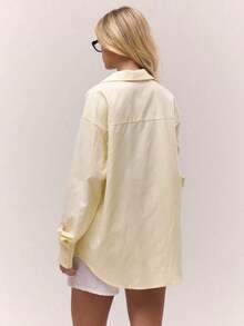 Camisa larga de rayas de pata de gallo de color amarillo mantequilla, solo parte superior, estilo elegante y casual para mujer, ideal para primavera, verano, vacaciones u oficina - Amarillo - Ver 3