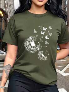 Women's Olive Green Casual T-Shirt With Round Neck And Short Sleeves, Polyester, With Dandelion And Butterfly Print, Regular Length Top, Women's Blouses, Women's T-Shirts, Casual Blouses For Ladies - 杏 - 查看 11