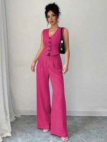 Conjunto de top tipo camisola y pantalones plisados de color liso, estilo francés para primavera/verano, para uso casual, streetwear u oficina - Rosa Fucsia - Ver 4