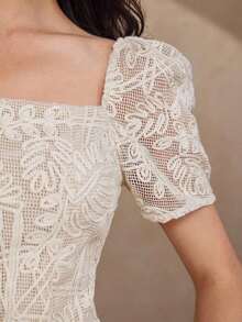 Blusa elegante de mujer de unicolor con jacquard, top tipo babydoll de verano - Beis - Ver 6