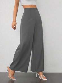 Pantalones de pierna ancha de textura de cintura alta, de estilo casual y sencillo, apropiados para ir a la escuela o para ir y venir al trabajo - Gris Oscuro - Ver 8