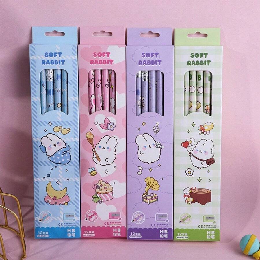 Bộ 12 bút chì HB hình thỏ dễ thương, bút chì than chì bền, thích hợp để ghi chú, phác thảo và viết hàng ngày.