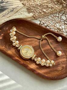 1pc Teen Girl Pearl & Rhinestone Decor Quartz Watch, No Gift Box, 1pc, Adjustable Bracelet Band, Perfect For Back To School, Summer Vacation And Daily Wear - Multicolor - View 2