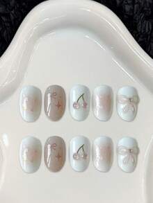 Short Oval French Nude Cherry-Bow Gradient False Nails 10 Pieces For Sweet Style Manicure - White - View 1