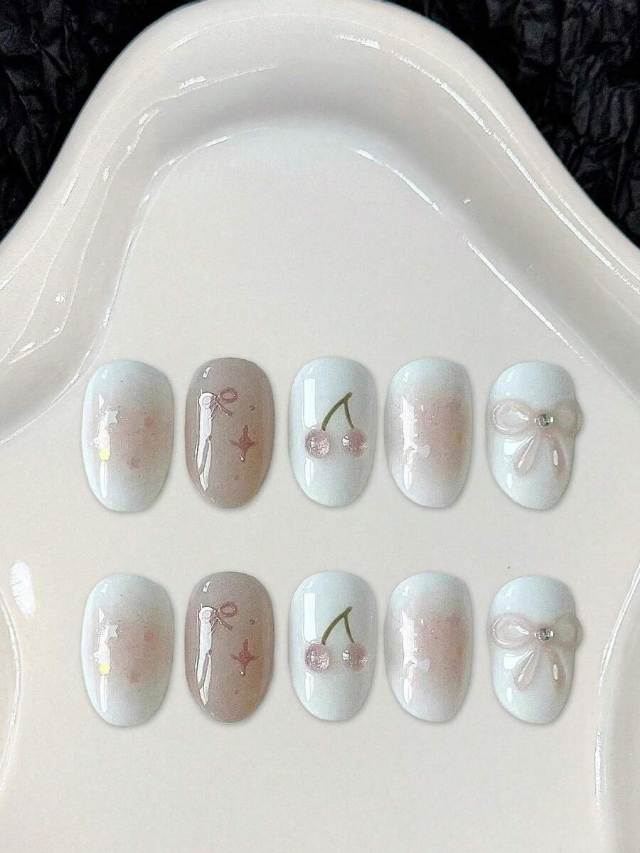Short Oval French Nude Cherry-Bow Gradient False Nails 10 Pieces For Sweet Style Manicure - White - View 1