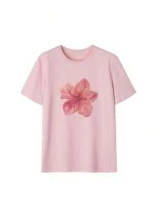 Set de 3 camisetas de manga corta con cuello redondo y estampado floral minimalista y elegante de verano, versátil para uso diario y casual para mujeres en color rosa - Azul marino, albaricoque y rosa - Ver 7