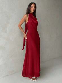 Vestido de mujer con cuello drapeado, línea A y espalda descubierta en color amarillo fluido - Rojo - Ver 6