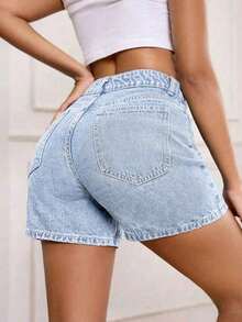 Shorts vaqueros de mujer de talle alto, versátiles, con lavado vintage, de corte holgado y longitud a la rodilla, en estilo casual retro, moda de verano - Lavado ligero - Ver 2
