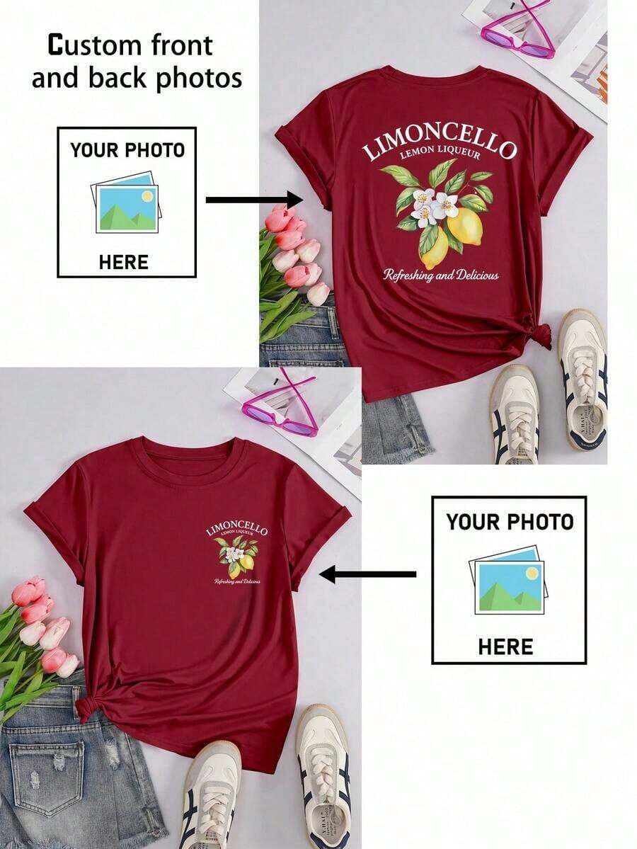 Personalized Women's T-Shirt - Add Your Text And Photos (Landscape/Badge/Couple/Family/Selfie/Pet), Printable On The Front And Back, Suitable For Summer Travel, Girlfriend Gift, Personalized Women's T-Shirt, Women's Top, Fashion, Casual, Minimalist, Personalized, Unique, Men's Clothing, Black Capsule Wardrobe, For The Family - 波爾多 - 查看 1
