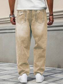 Men's Loose Comfortable Versatile Relaxed Fit Distressed Straight Leg Jeans, Fashionable For Spring & Autumn - Khaki - View 6