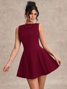 Vestido negro sólido, minimalista y sexy de corte evasé en tono burdeos para mujer, vestido para citas, vestido de dama de honor corto, vestido negro elegante para primavera/verano - Burdeos - Ver 5