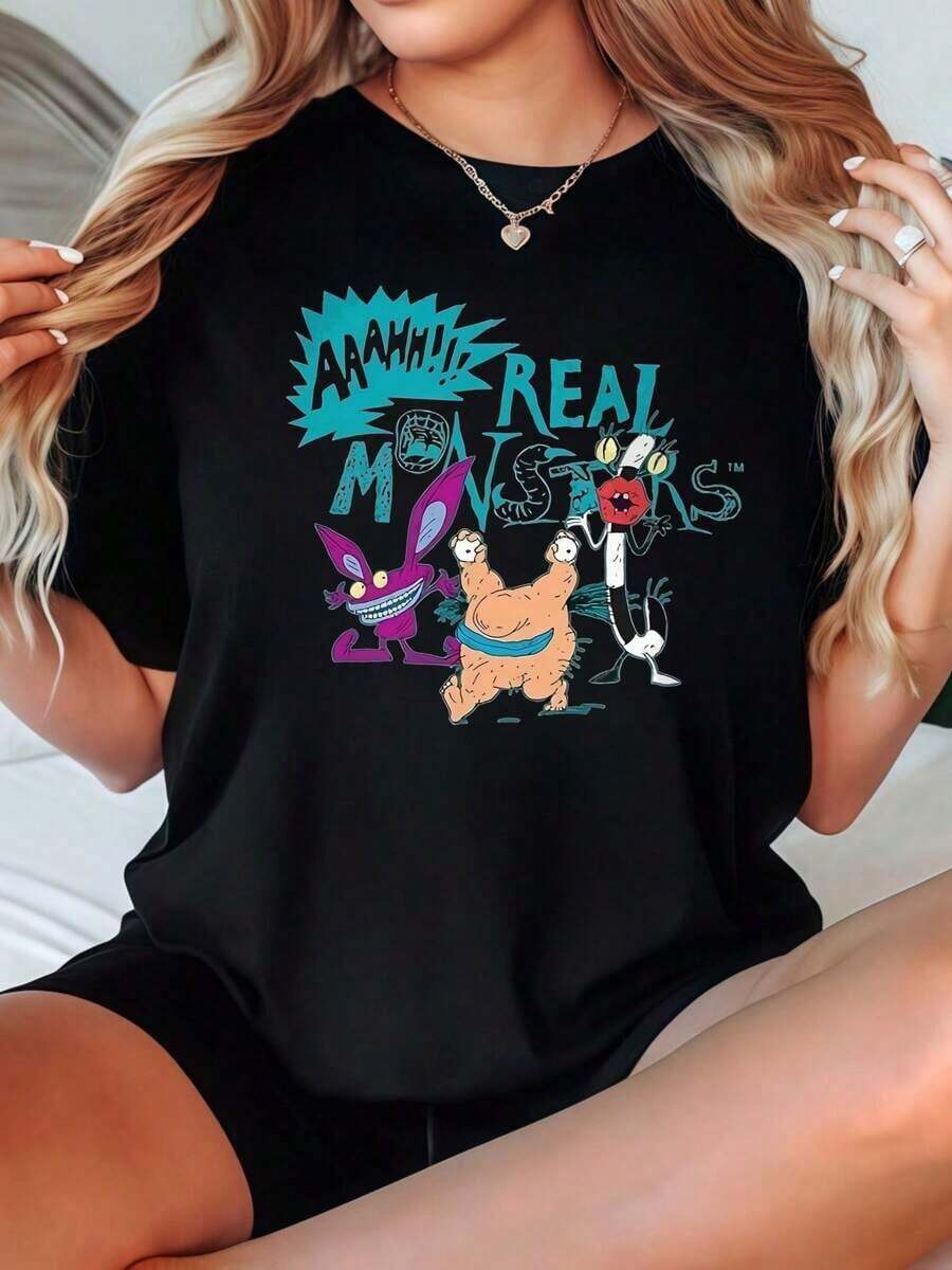 Camiseta vintage para mujer, casual, de cuello redondo, opciones en negro y blanco, con personajes de dibujos animados y AAHH!!! Camisetas con Estampado de Monstruos Reales, Cómodas para Uso Diario, Tops de Verano, Camisetas Gráficas, Conjuntos de Verano para Mujer, Camisetas Cortas para Mujer, Tops Vintage de Algodón, Ropa Linda para Mujer, Moda Femenina - Negro - Ver 1