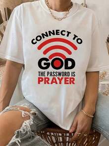 Camiseta vintage blanca para mujer con estampado religioso "Conéctate con Dios, la contraseña es la oración", camisetas casuales de manga corta con cuello redondo, tela suave y transpirable, ropa de verano para mujer, estampado con cita de fe, perfecta para usar en la iglesia y estilo inspirador. - Blanco - Ver 1