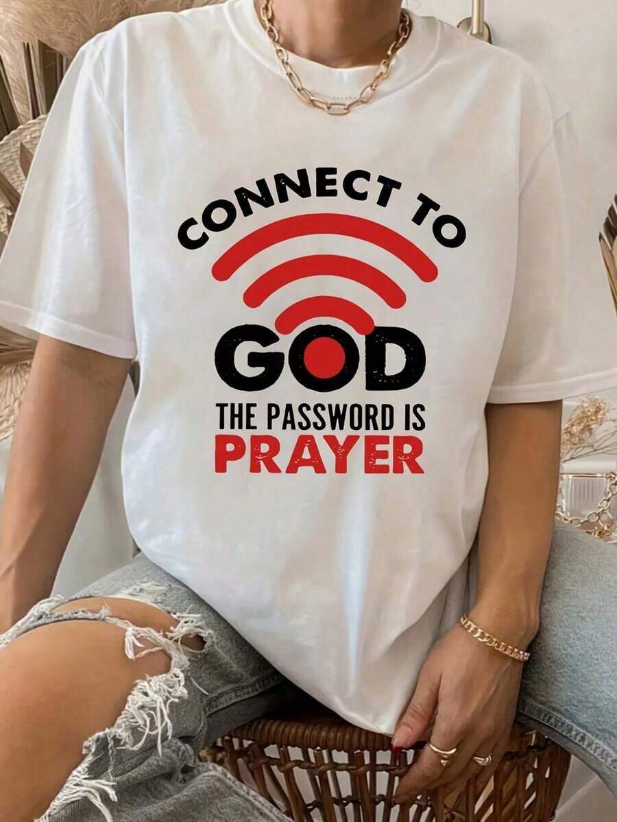 Camiseta vintage blanca para mujer con estampado religioso "Conéctate con Dios, la contraseña es la oración", camisetas casuales de manga corta con cuello redondo, tela suave y transpirable, ropa de verano para mujer, estampado con cita de fe, perfecta para usar en la iglesia y estilo inspirador. - Blanco - Ver 1