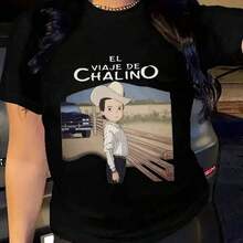 Camiseta Negra Para Mujer Con DiseñO De Vaquero Y Texto El Viaje De Chalino Estilo Casual Moderno Para JóVenes - Negro - Ver 7