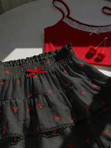 Falda  para mujer, de tela tejida a rayas con cintura elástica y dobladillo con volantes, adecuada para festivales de música country - Negro - Ver 4
