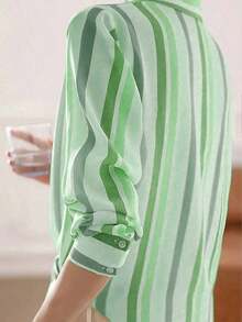 New Loose-Fitting Long-Sleeved Blouse For Women, Plain Color Button-Down Shirt For Spring - 薄荷綠 - 查看 3