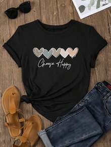 Playera de mujer 100% algodón negra con estampado de corazones multicolor y leopardo, diseño gráfico moderno y mensaje motivador, estilo casual cómodo para primavera y verano - Negro - Ver 1