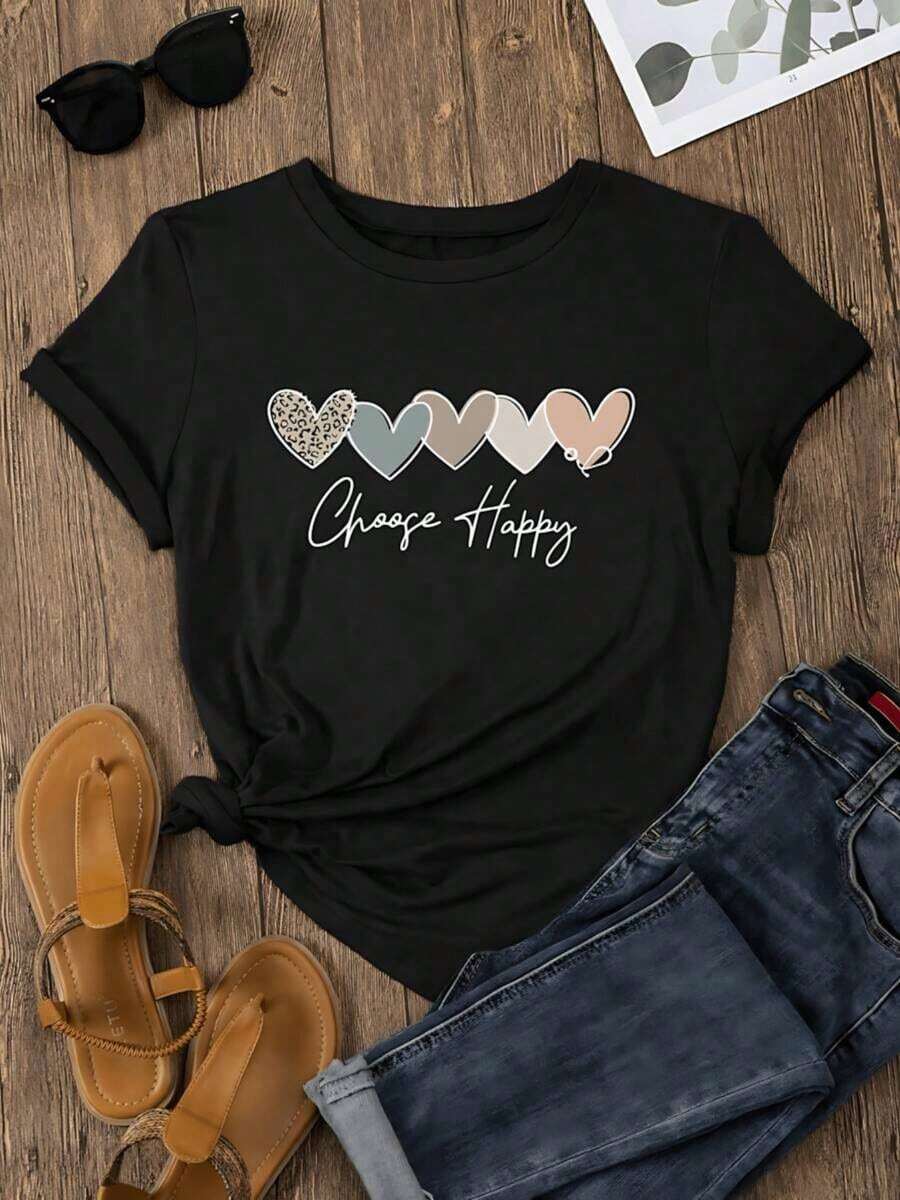 Playera de mujer 100% algodón negra con estampado de corazones multicolor y leopardo, diseño gráfico moderno y mensaje motivador, estilo casual cómodo para primavera y verano - Negro - Ver 1