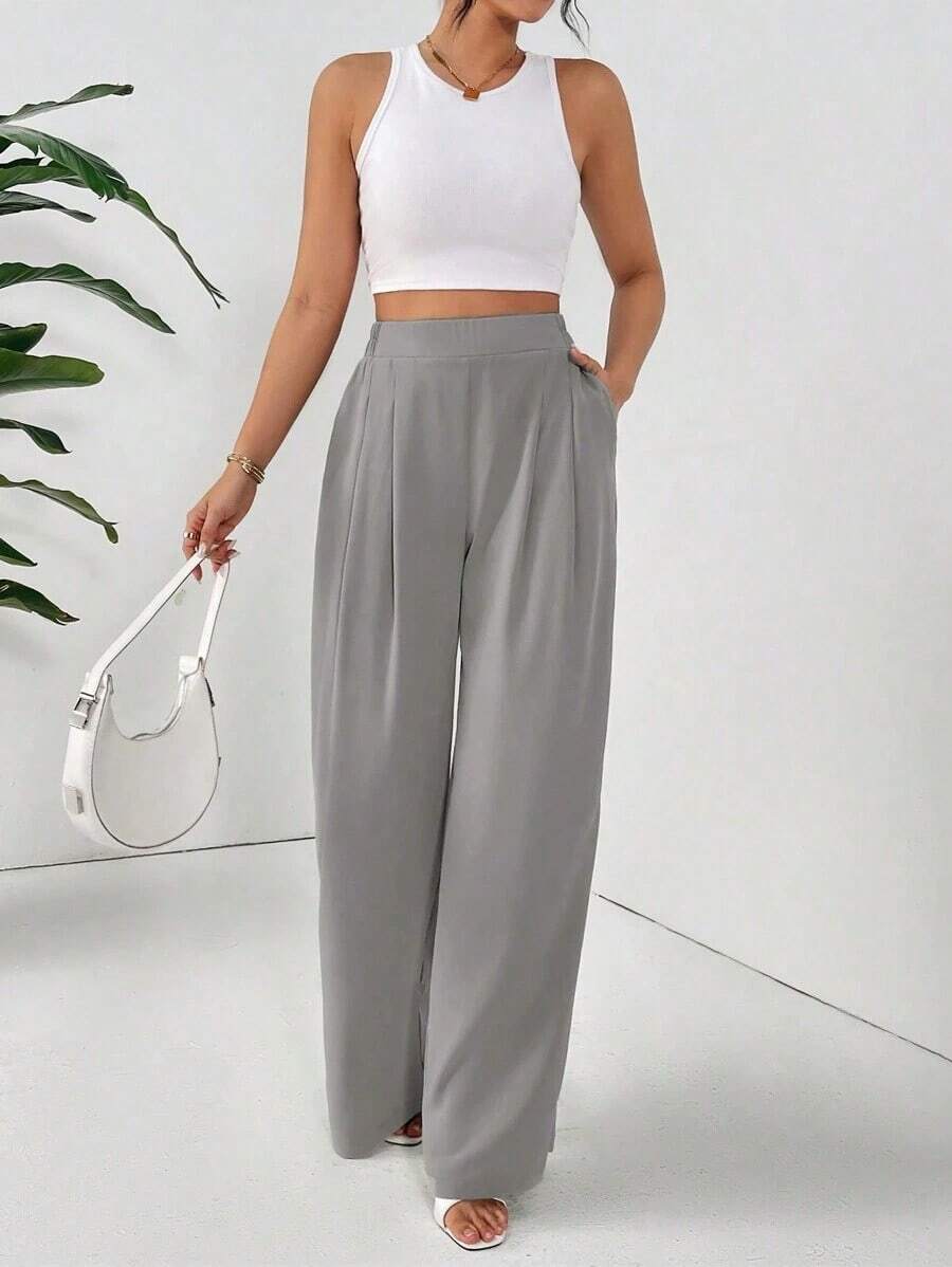 Pantalones holgados básicos casuales de cintura alta de unicolor, plisados y de pierna ancha para mujer - Gris - Ver 1