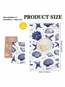 2pcs Shell & Starfish Pattern Kitchen Towels, Minimalist Beach Style Dish Cloths, Suitable For Farmhouse Kitchen & Home, Can Be Used As Hand Towels, Tea Towels - Multicolor - View 2