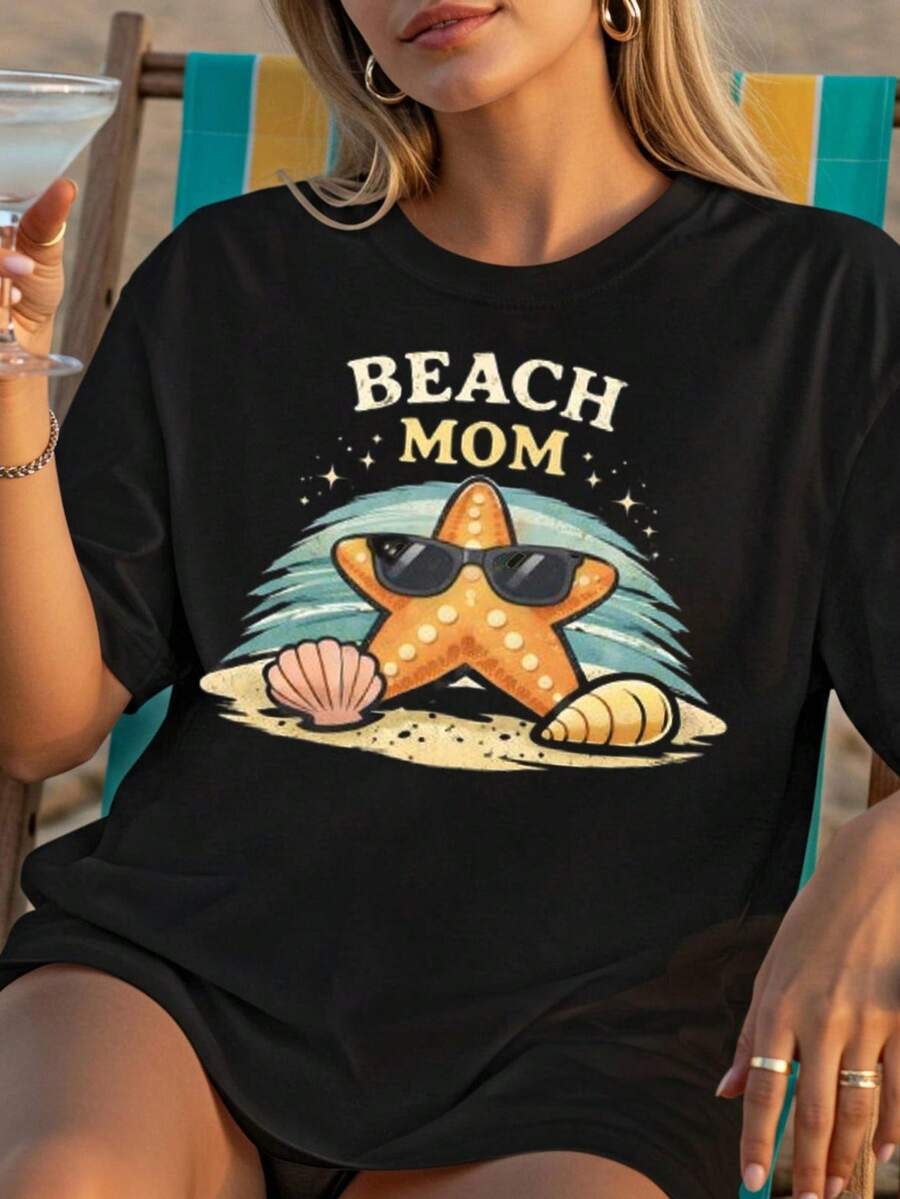 Cute Starfish Beach T-Shirt For Moms T1EE Summer Vacation T-Shirt Coastal Graphic T-Shirt T1EE Fun Beach T-Shirt Summer Set For Moms. Unisex 220g Pure Cotton T-Shirt. Ideal Weight For All Seasons, Suitable For Both Men And Women. Durable, High-Quality Fabric, Soft To The Touch And Long-Lasting. Breathable Top. Suitable For Women's Spring And Summer, Vacations, Mother's Day, And Independence Day. - 黑色 - 查看 1