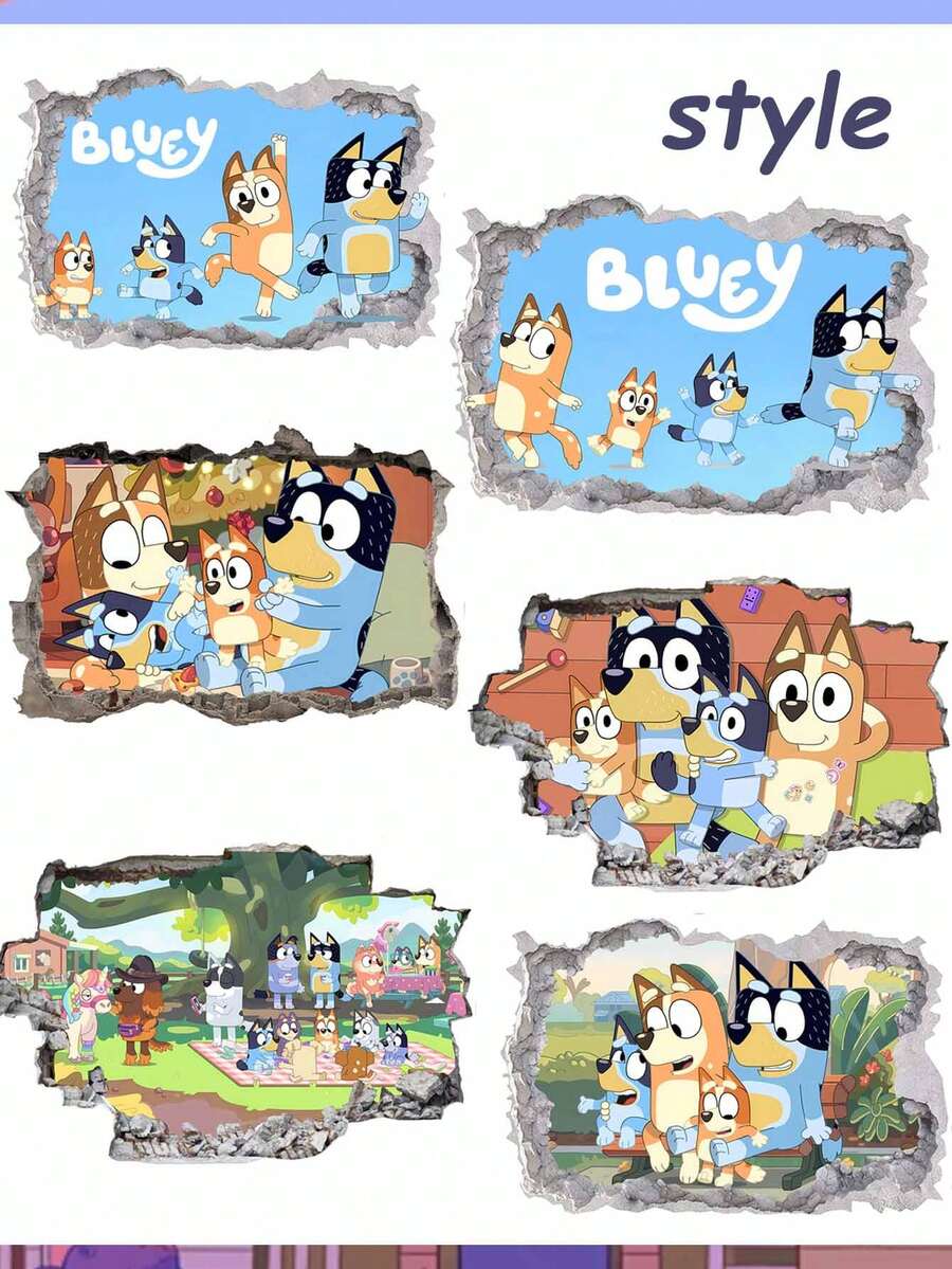 Bluey 以《布鲁伊》为主题的3D立体墙贴，采用逼真的破墙设计，展现生动的角色场景。墙贴采用优质自粘乙烯基材料制成，图案鲜艳持久不褪色，易于粘贴和移除，为卧室、客厅或主题区域增添趣味盎然的沉浸式体验。 - 多款 - 查看 1