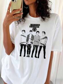 Vintage T-Shirt With A Photo Of The Band 5 Seconds Of Summer, Black And White Pop-Punk Graphic Tee, Streetwear For 5SOS Fans - White - View 1